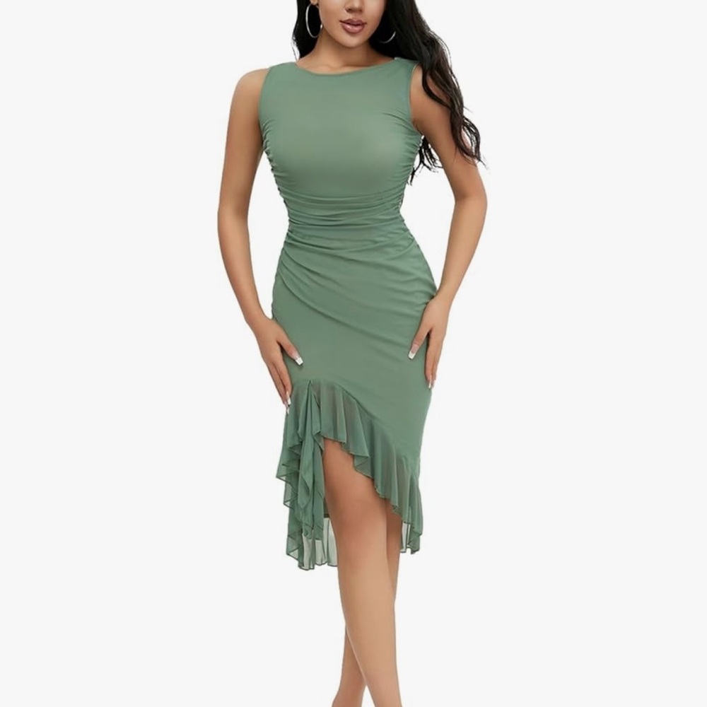 Sleeveless Green Ruched Mermaid Dress